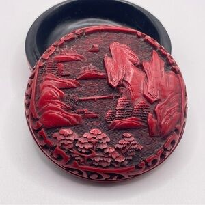 Vintage Chinese Cinnabar Red Lacquered Carved Round Lidded Box